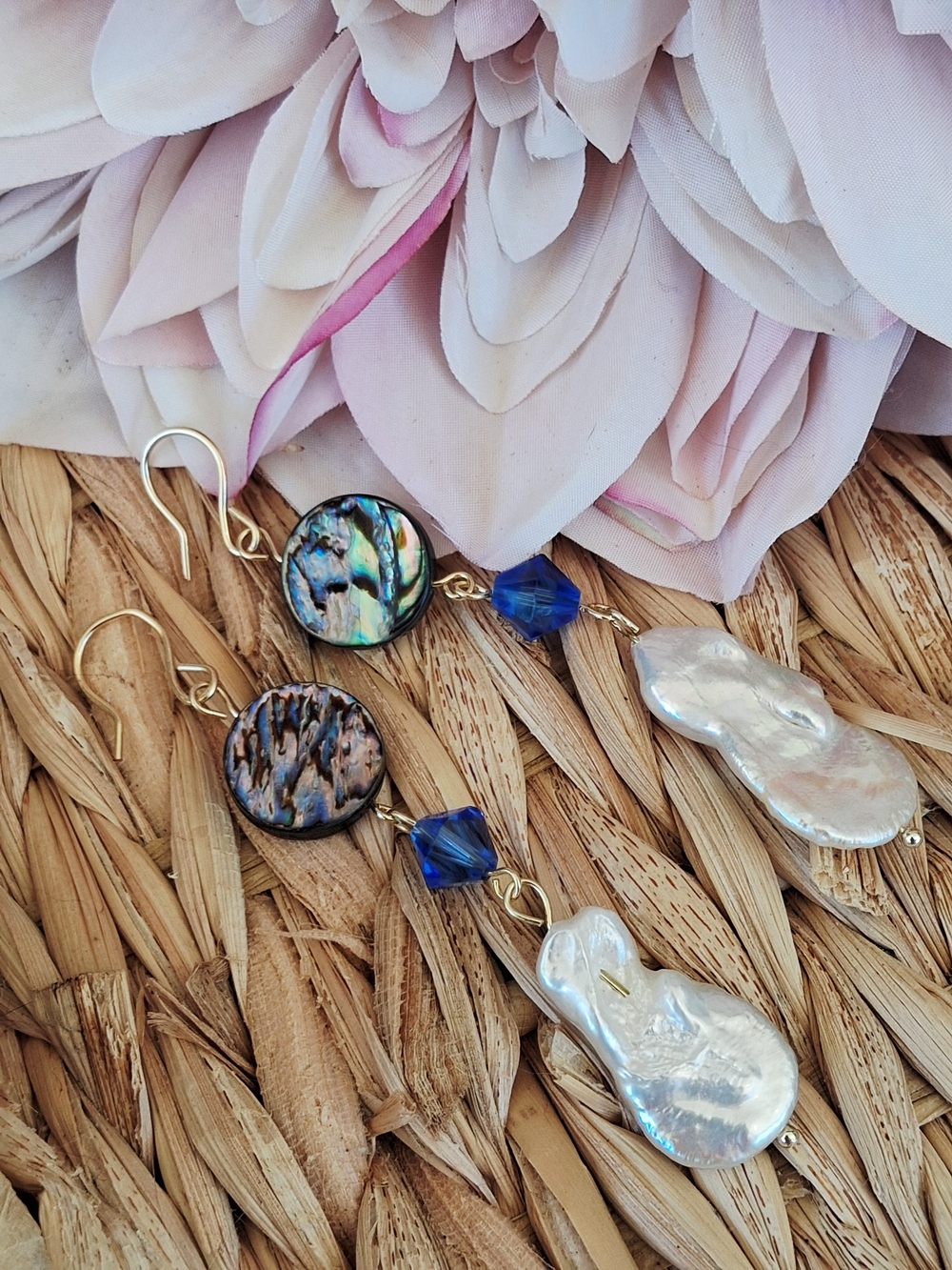 Hand Crafted Abalone, Blue Crystal & Pearl Drop Earrings